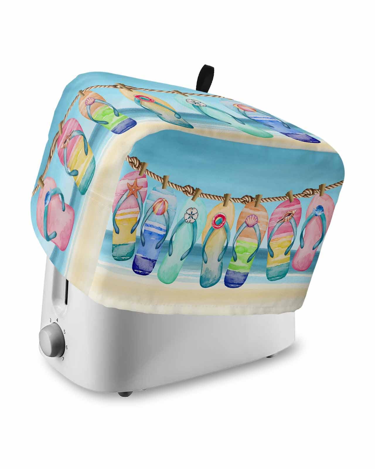 Beach Slippers Toaster Cover 2 Slice, Blue Summer Ocean Coastal Shell Dustproof Bread Machine Oven Cover with Storage Pockets, Fits Most Kitchen Toasters Protector