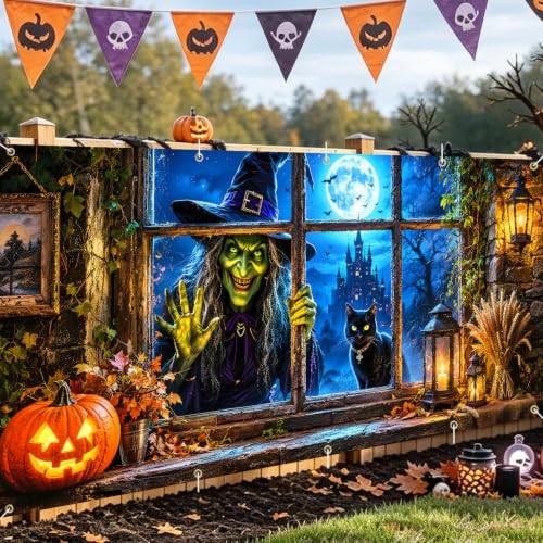 Image of Halloween Garage Door Decorations 7 x 16 ft, Witch Window Cover