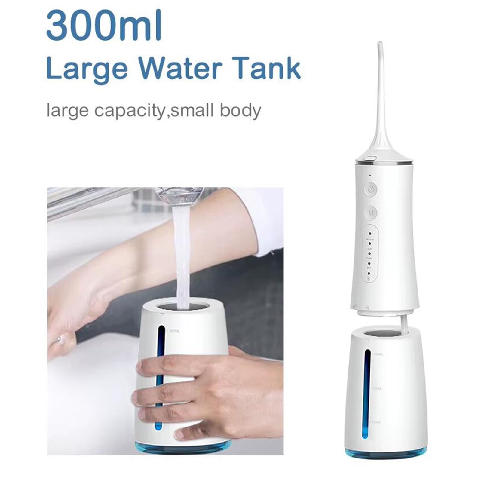 Idropulsore dentale per la pulizia dei denti, 4 modalità di irrigazione, 300 ml, ricaricabile, portatile, detergente per denti da viaggio, idropulsore elettrico impermeabile IPX7, nero