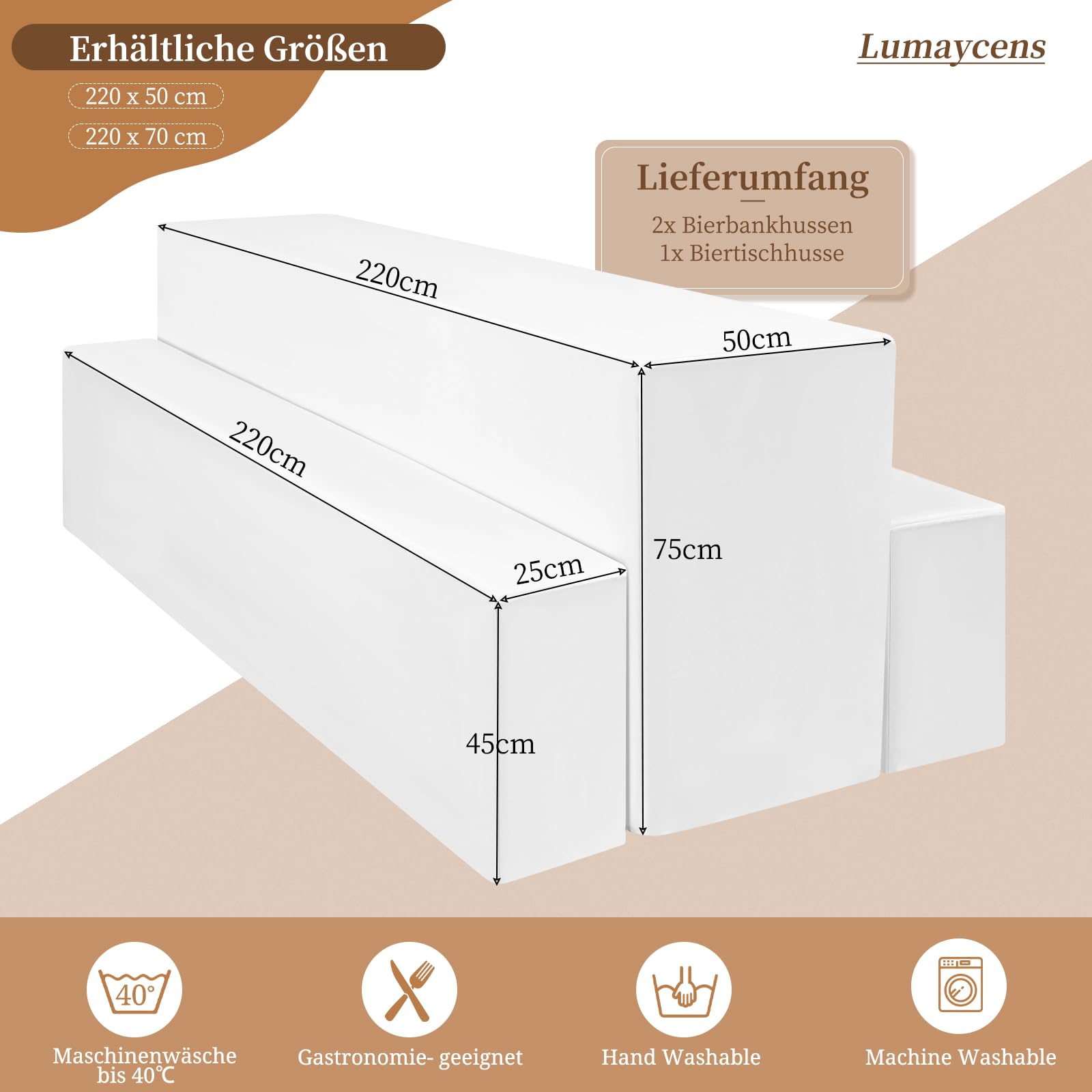 3 Pack Bierbank Hussen & Biertisch Husse 3er-Set, 220 x 50 x 80 cm in Bierzeltgarnitur, Biertischhusse Premium für 50 cm Blickdicht waschbar Tisch für Outdoor-Bankette (Weiß)