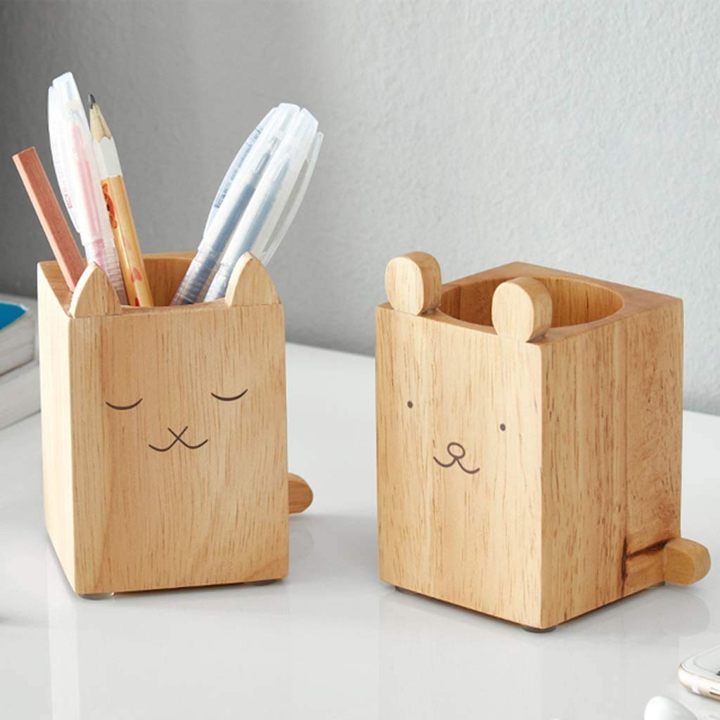 Portapenne Portapenne da scrivania in Legno massello, Portapenne Creativo Multifunzionale per Bambini, Portapenne da scrivania (Legno Massiccio (Gatto))