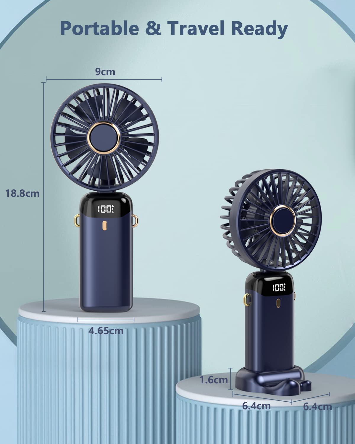 Mini wentylator ręczny, wentylator biurkowy USB, mały wentylator stołowy z 5 prędkościami i akumulatorem USB 3000 mAh, składany, elektryczny wentylator do podróży, biura, gospodarstwa domowego