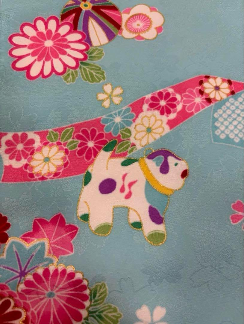 七五三　3歳女の子　はなひめ　人気の水色着物　カラフル　桜　熨斗目　狛犬　新品 七五三 3歳女の子 はなひめ 水色着物 カラフル 桜 熨斗目 狛犬 着物