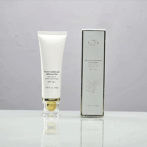 L'Zur - Protector solar facial SPF 50+ Glow Sun Defense Loción no grasosa máxima protección con aloe vera e hidratante facial hialurónico para piel