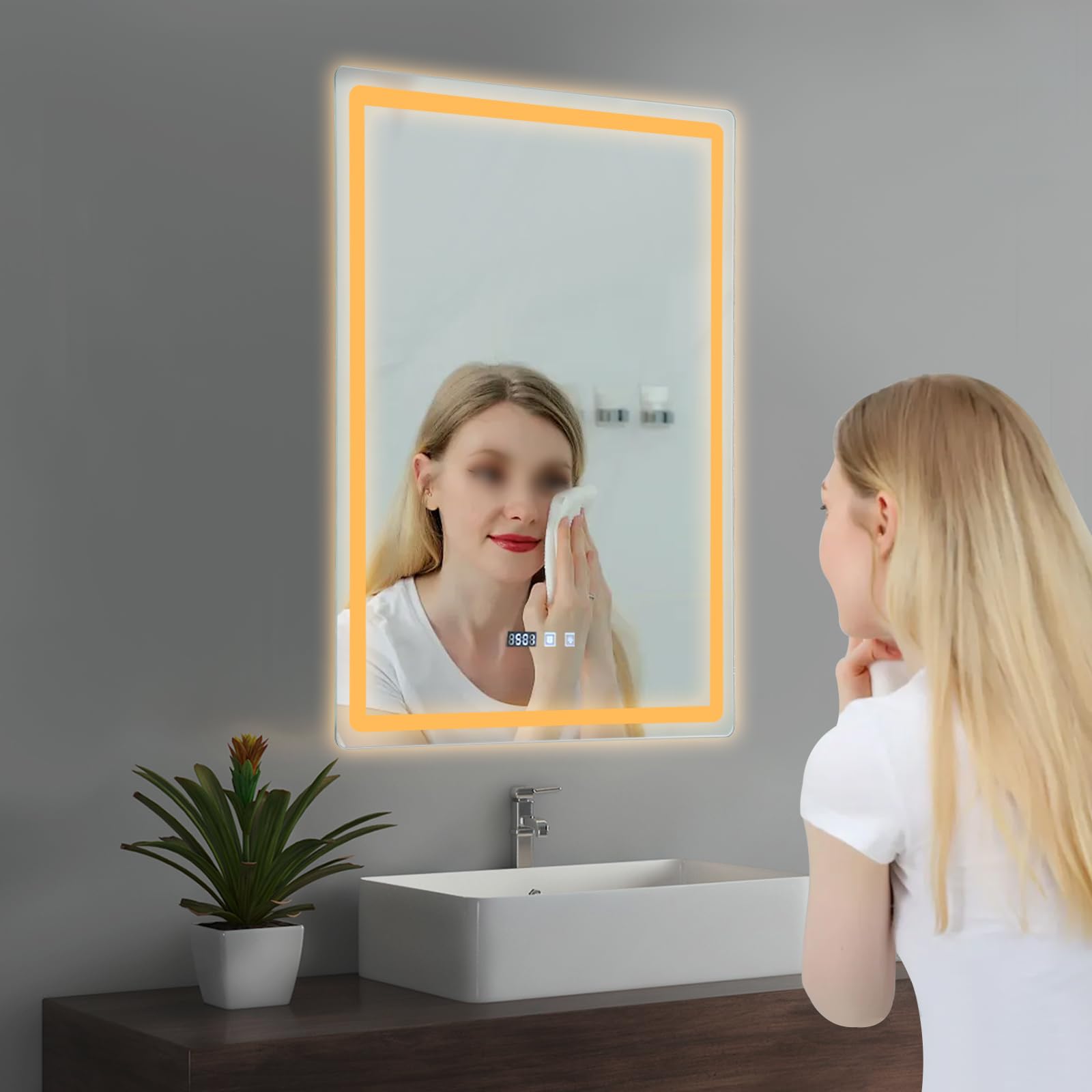 Espejo de baño LED con luces, 60 x 80 cm, espejo iluminado para pared de baño, regulable, sin vaho, tres colores de luz, instalación vertical, plata