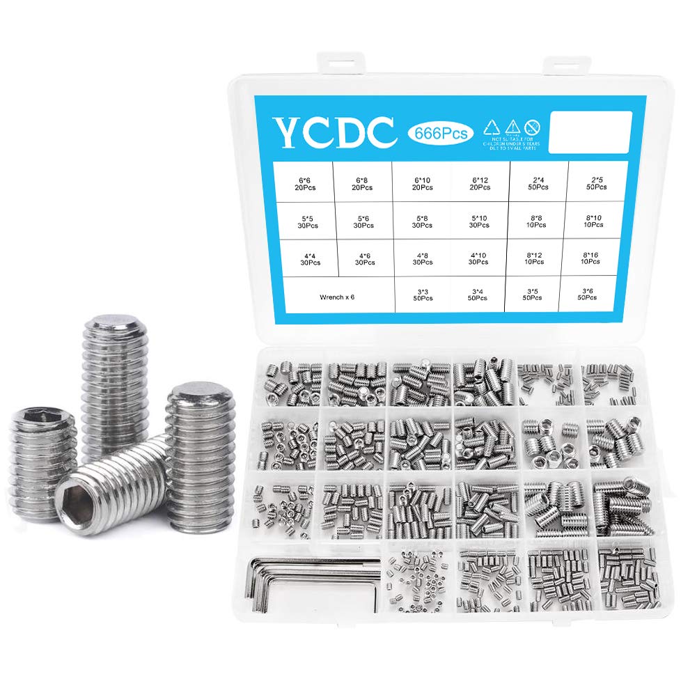 YCDC Internal Hex Drive Cup-Point Set Screws Assortment Kit with 6 Pcs Wrenches and Storage Case, 666 Pcs M2 M3 M4 M5 M6 M8 304 Stainless Steel Head Sockets, Allen Head Socket Screw Set (Sliver)