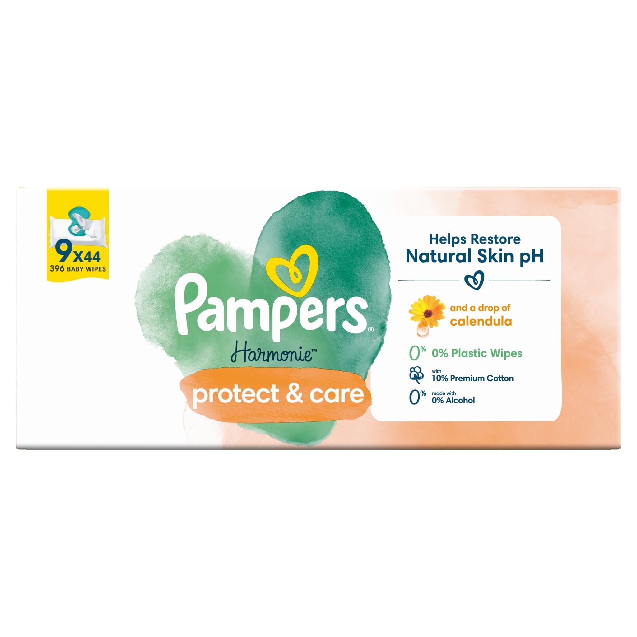 Pampers Harmonie Protect & Care Lot de 9 paquets de 44 lingettes humides = 396 lingettes humides qui aident à restaurer le pH naturel de la peau