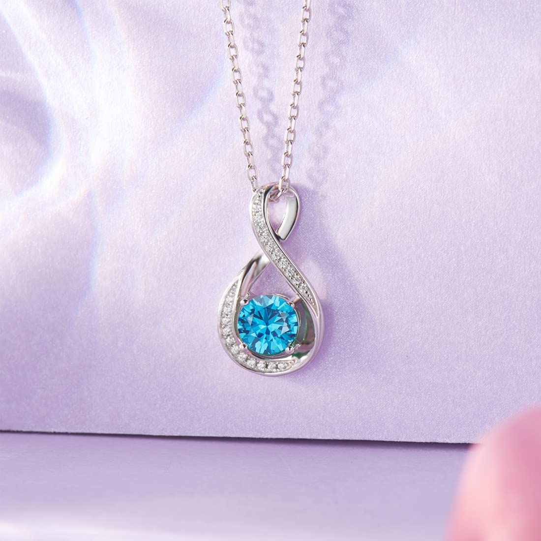 925 Sterling Silber Blau Aquamarin Halskette März Geburtsstein Halsketten für Frauen Infinity Anhänger Silber Kette Weihnachts Geschenke Damen Schmuck für Sie 45+5cm