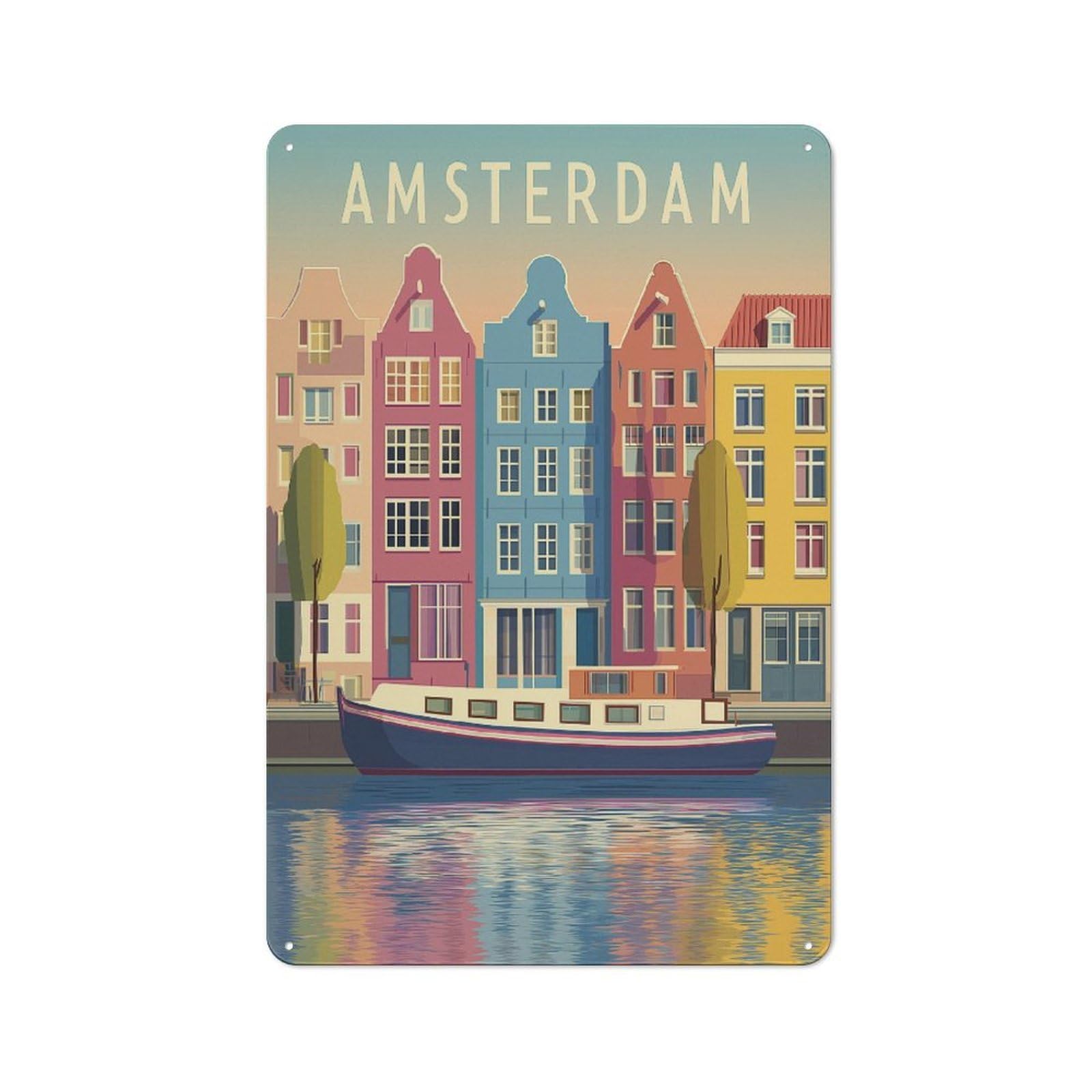 Junmoney Vibrant Amsterdam Canals -1 Retro Tin Sign 30X20cm For Workshop Wall, For Collectors Of Retro Metal Wall Decor