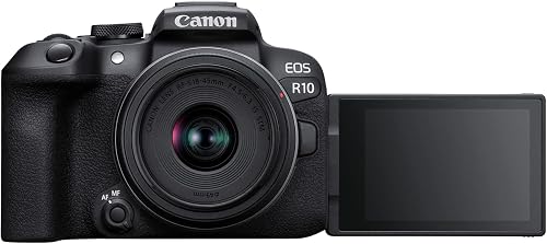 Canon EOS R10 APS-C mirrorless nera + 18-45mm IS STM (24,2 Mp, fino a 23 fps, DIGIC X, video 4K UHD fino 60p, Dual Pixel CMOS Auto Focus II, Display touchscreen orientabile da 7,5 cm, Wi-Fi, BT)