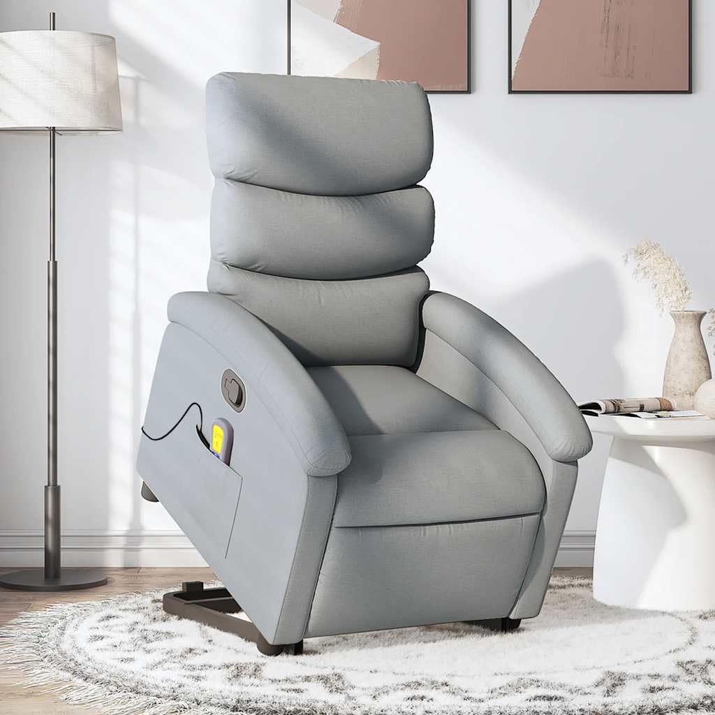 Sillón de masaje con ayuda para levantarse, tela gris claro, sillón relax con masaje de vibración de 6 puntos, función de descanso manual, cómodo acolchado, bolsillo lateral