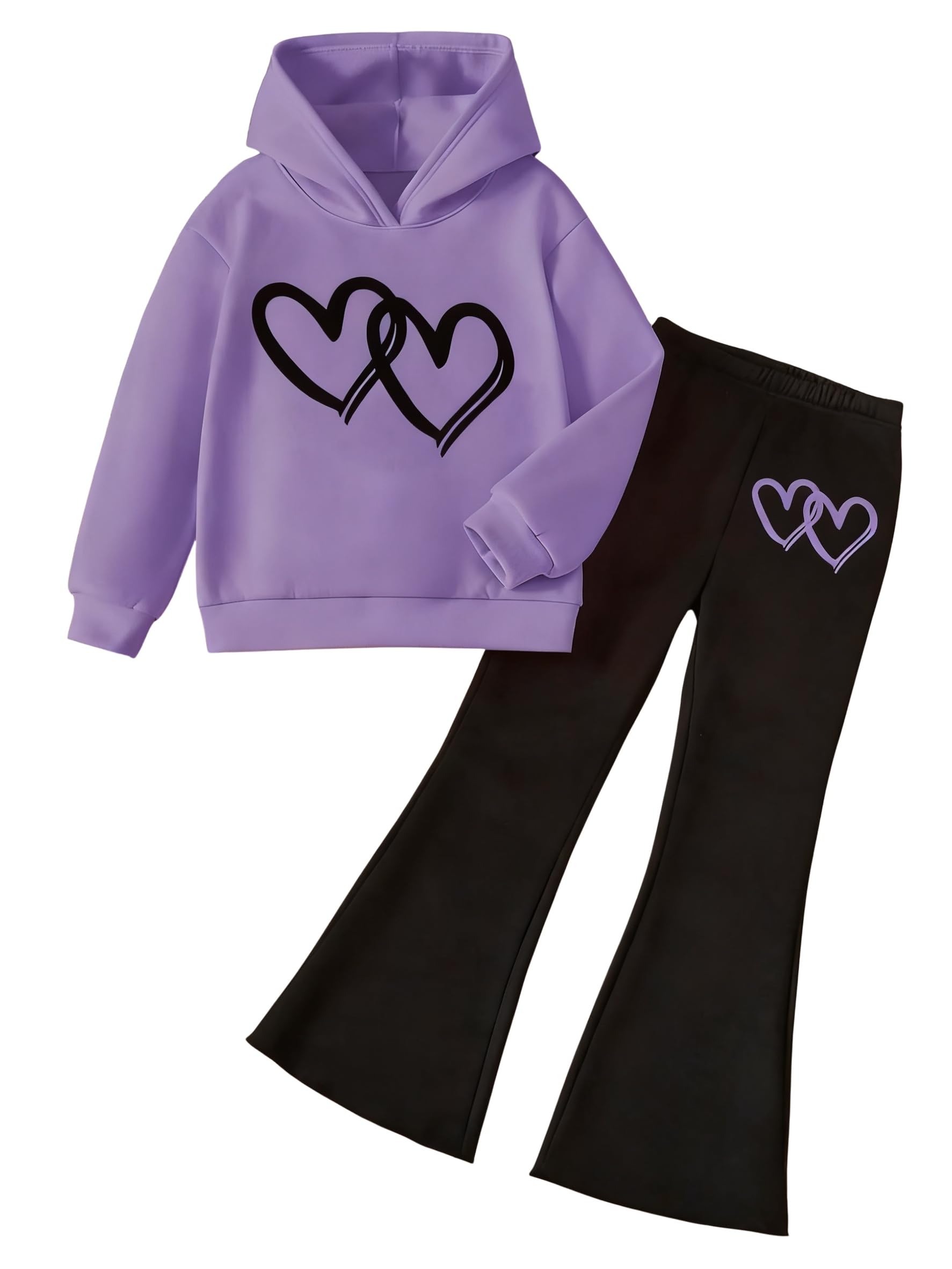 6-13 Years Girls Clothing Heart Print Hoodie Top + Heart Print Flare Leg Pants 2PC Clothing Set