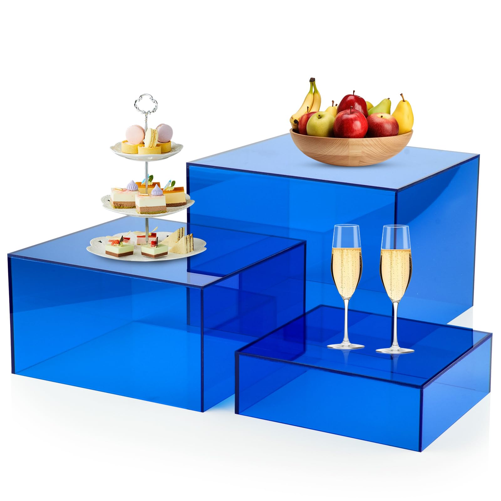 Lot de 3 rehausseurs de buffet bleus en acrylique pour plateaux, fêtes, mariages, desserts, objets de collection, figurines (15,2 x 17,8 x 20,3 cm)