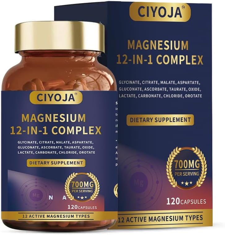 12 in 1 Magnesium Complex 700mg: Magnesium Supplement with Glycinate Citrate Malate Taurate High Absorption Magnesium for Sleep Muscle Recovery Nerve & Heart Support Vegan 120 Capsules