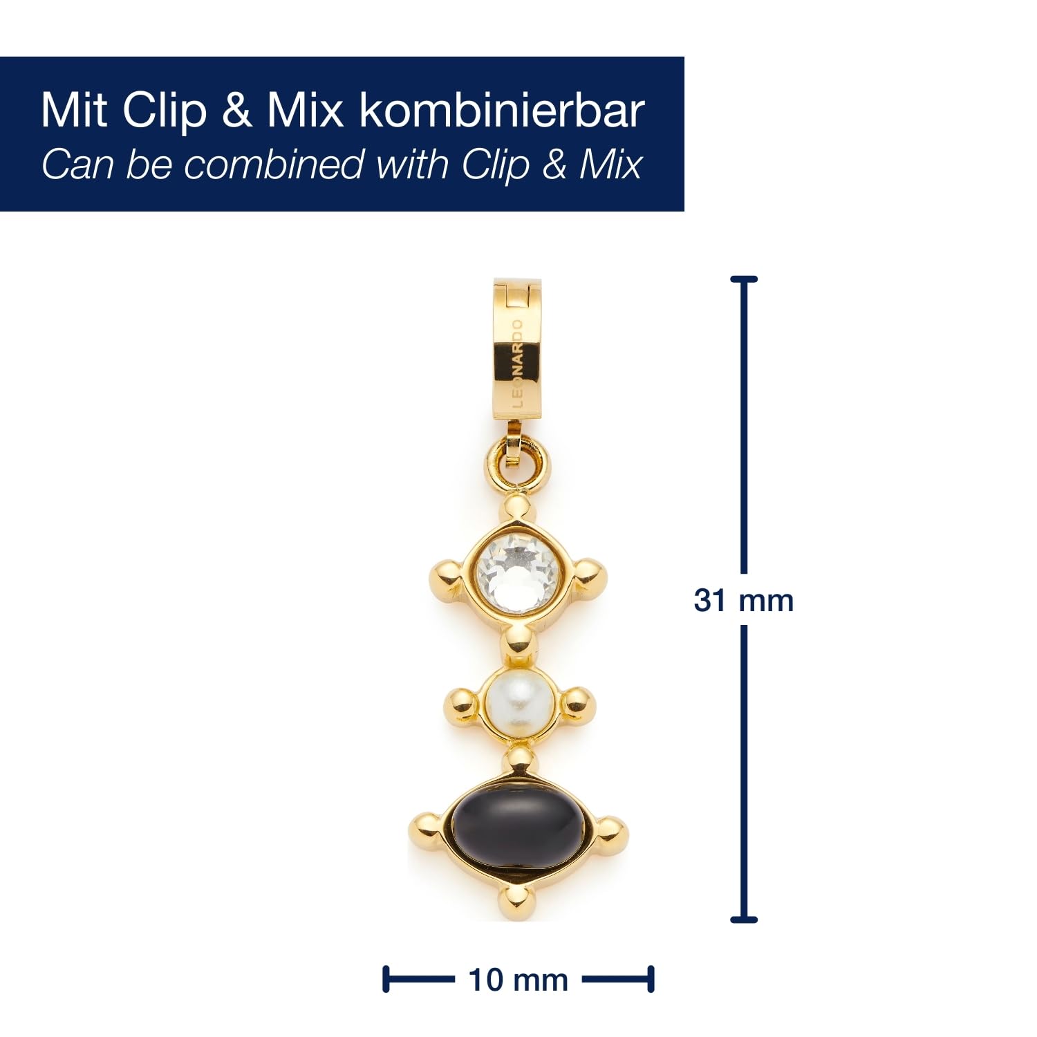 JEWELS BY LEONARDO Anhänger Clip & Mix Adelia, Ketten-Anhänger aus goldfarbenem Edelstahl, klarer Glasstein, weiße Imitationsperle und schwarzer Onyx, Schmuck Geschenk für Frauen, 024427
