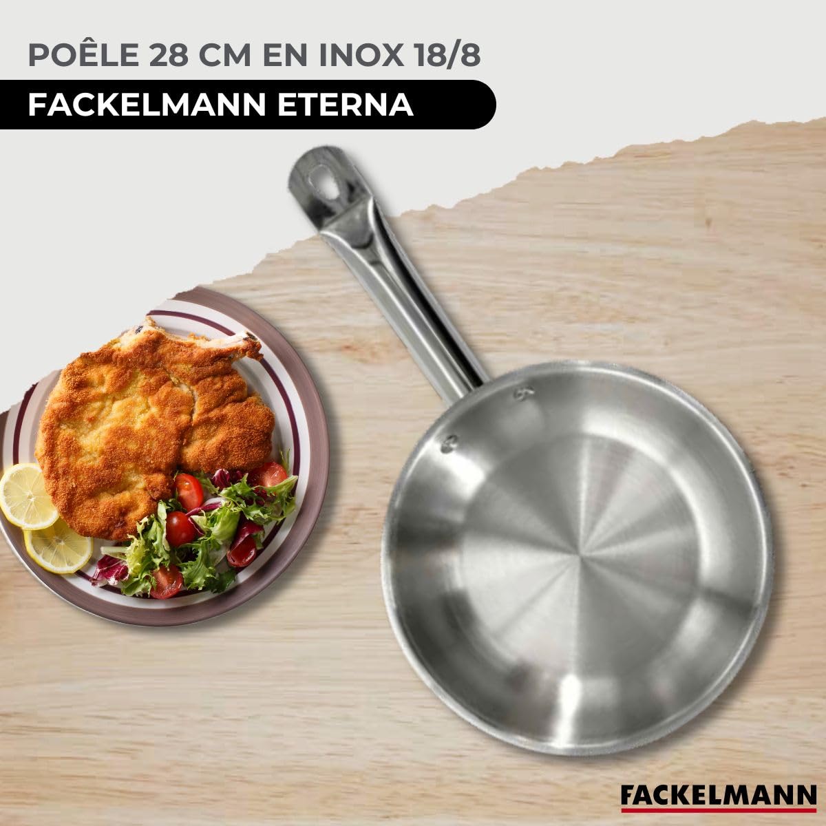 Fackelmann Set 3 poêles inox, couvercles et 6 ustensiles inox | 3 poêles 20 24 28 cm, Inox 18/8 et verre, 3 couvercles, Induction gaz vitro four, Lave vaisselle, Sans PFAS