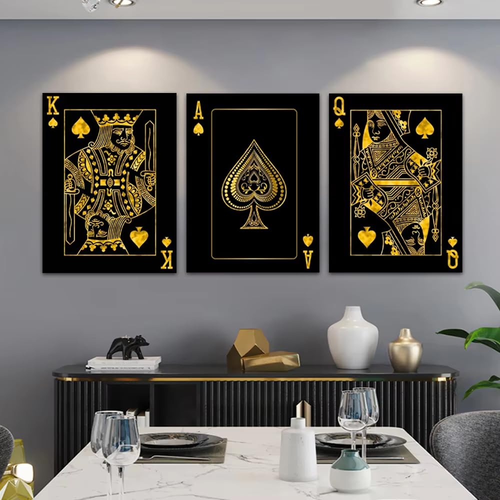 Ihhgnb No Frame Frameless Canvas Painting Gold Queen King Poker Black Nordic Wall Prints Posters For Living Room Wall Art Canvas Pictures(70X90cm(26X35in) X3/No Frame)