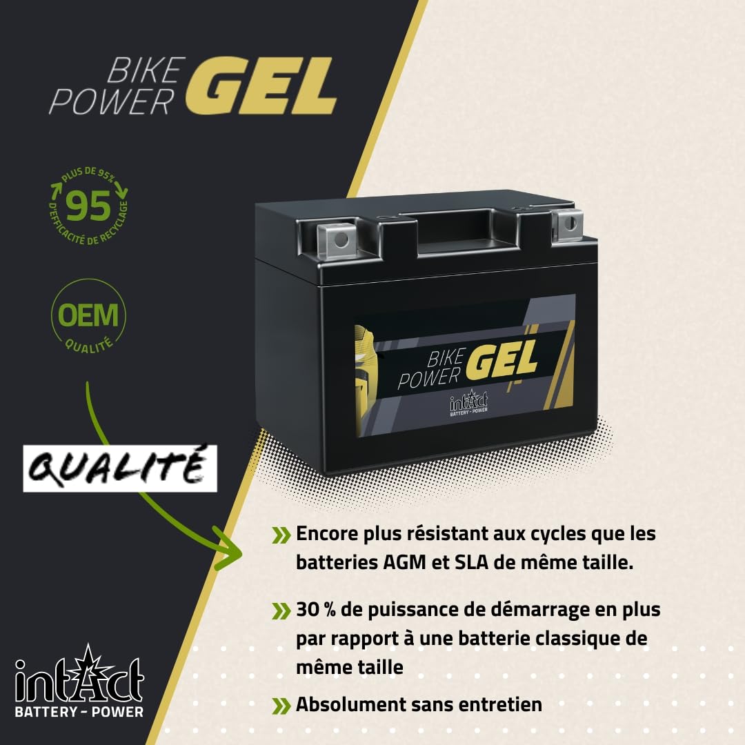 intAct - BATTERIE MOTO GEL Bike-Power GEL12-7-A. Remplace YB7-A, 12N7-4A. Batterie moto 12V 8Ah 130A. Dimensions : 137x76x134mm. Avec jusqu’à 30% de puissance de démarrage en plus.