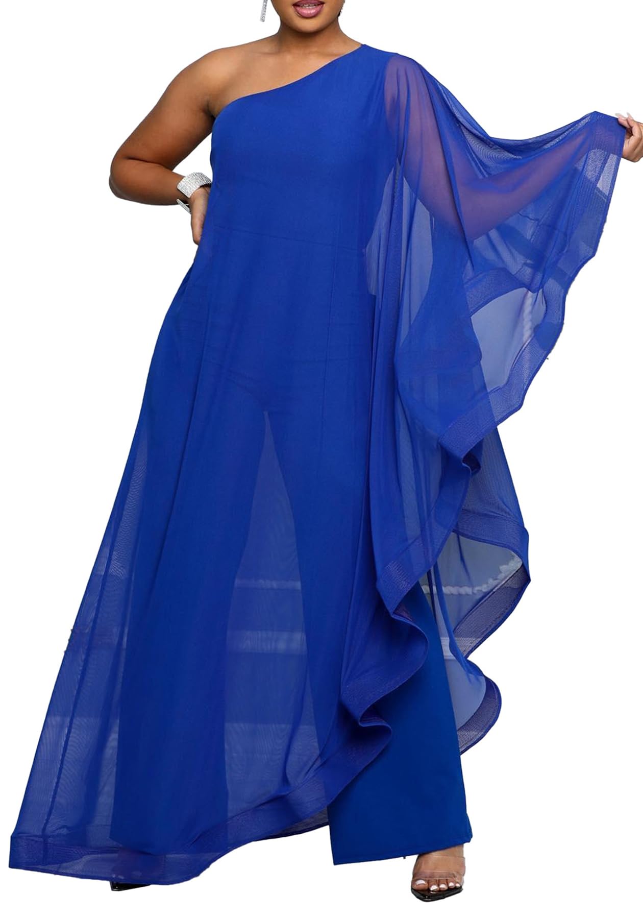 Vakkest Women's Sexy Formal Gown Dresses Off One Shoulder Sleeveless Jumpsuit Long Split Summer Party Wedding Gala Dress