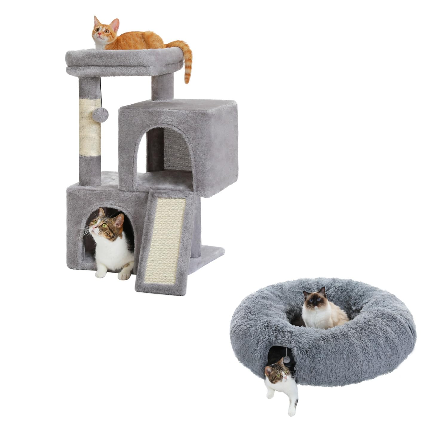PAWZ Road30 Inches All-in-One Cat Tree Bundle with Long Plush Cat Tunnel Bed
