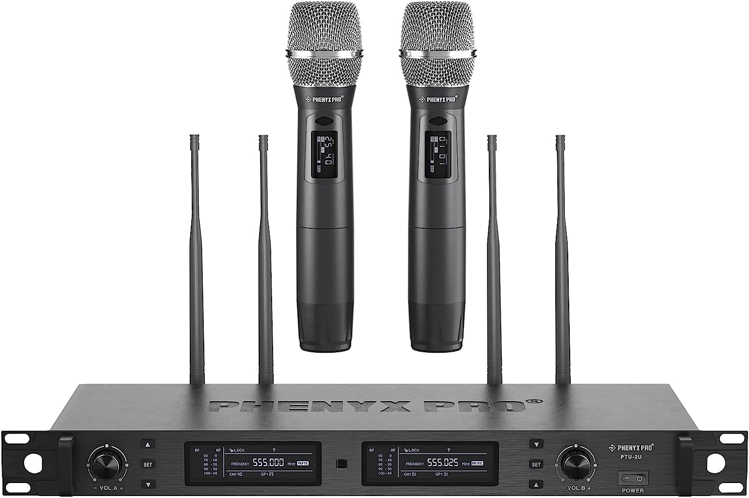 Phenyx Pro Sistema Microfono Wireless UHF a 2 canali PTU-2U-2H | True Diversity, Auto Scan, 2 × 1000 canali, portata 328 ft, sync IR rapido, 2 microfoni dinamici, voce live