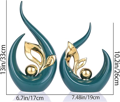 Miniatura 2 de DOVDOV Juego de 2 estatuas decorativas de cerámica verde para oficina, decoración de mesa de comedor, decoración moderna verde del hogar para sala
