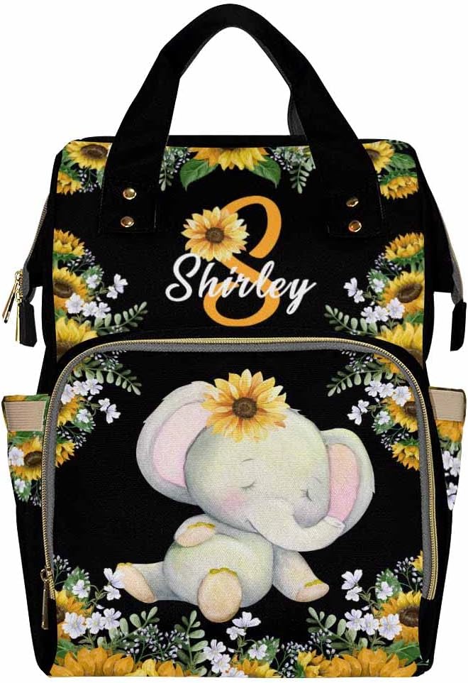 Artsadd Personalized Name Diaper Bag for Mom, Custom Sunflower Elephant Baby Bags for Boys & Girls,Baby Backpack Monogrammed Waterproof Nappy Daypack Gifts