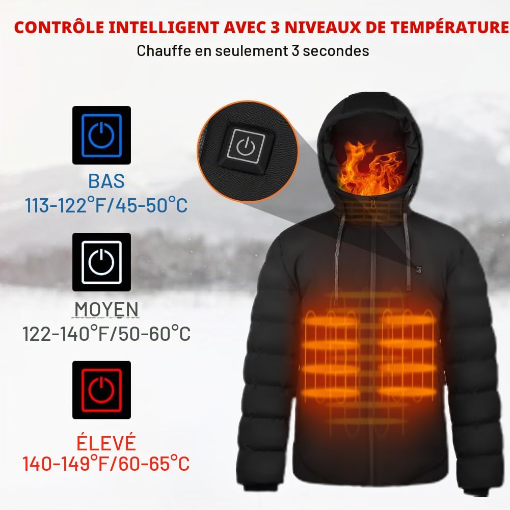 Veste Chauffante pour Homme Femme avec Batterie, Électrique Vestes Chauffant Capuche avec 3 Niveaux de Chauffage, Manteau Blouson Chauffante pour Ski, Moto, Pêche, Activités de Plein Air