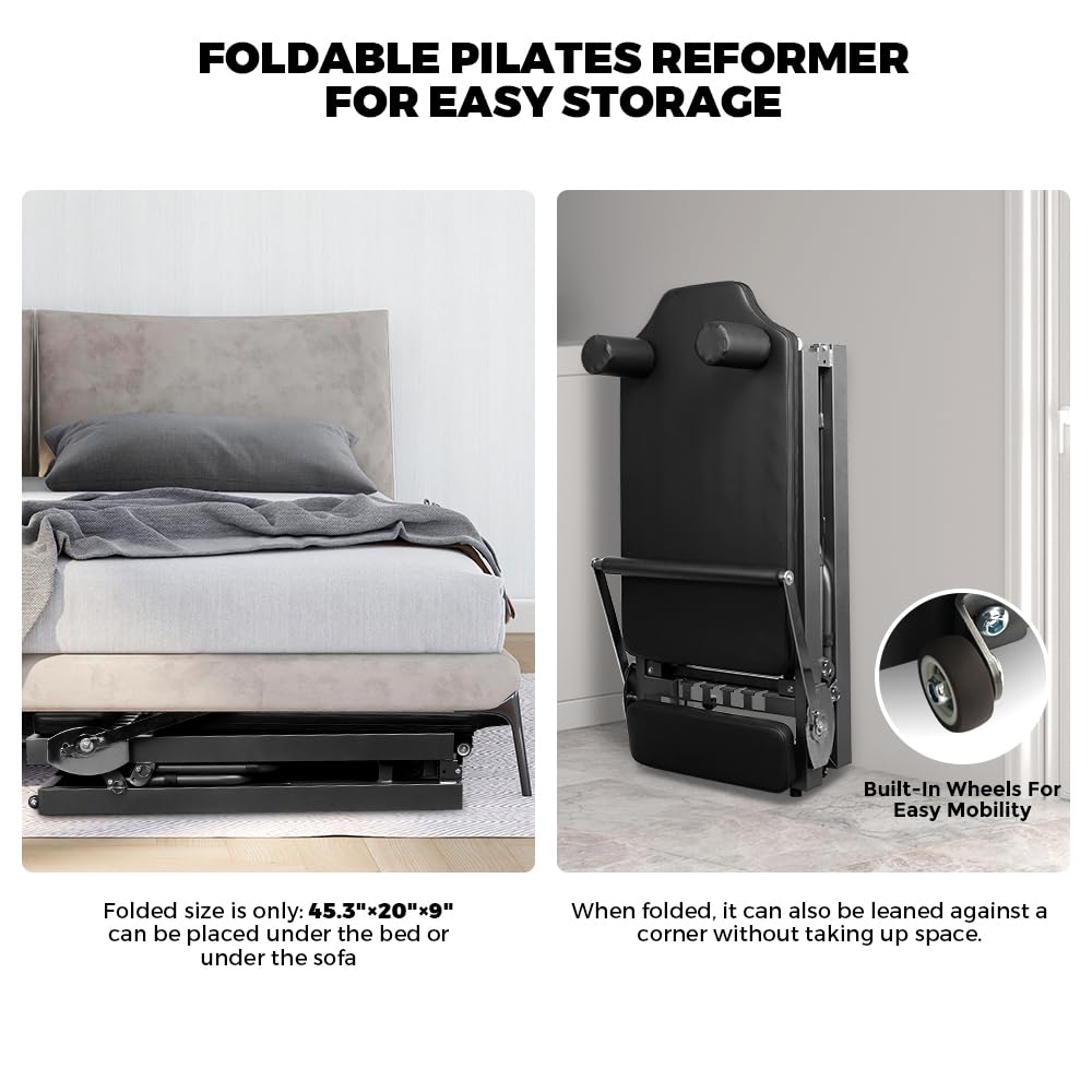 Pilates Reformer, faltbares Pilates-Gerät und Zubehör für das Training im Heim-Fitnessstudio, geeignet für Fortgeschrittene und Anfänger, max. 200 kg, schwarz