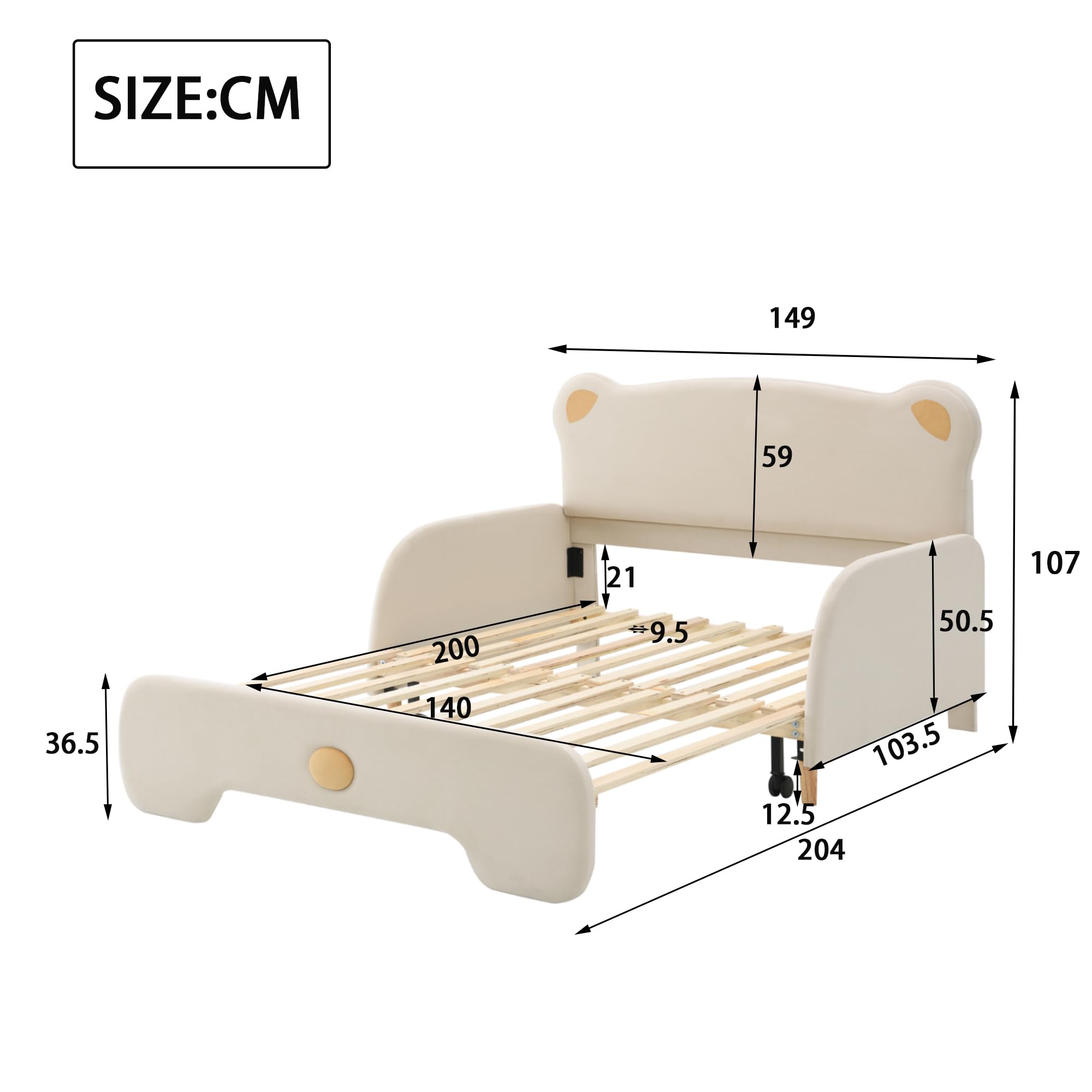 Lit double en forme d'ours rembourré enfant avec bords de protection souples, lattes bois velours beige 140x110 cm 140x200 cm