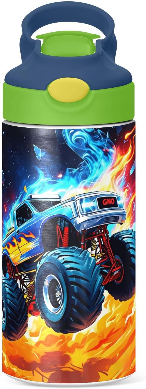 Monster Truck Kids Water Bottle with Straw and Carry Handle Racing Car Cool Vacuum Insulated Stainless Steel Bottles Leak-Proof for Boys Girls Toddler 12 oz Green Lid