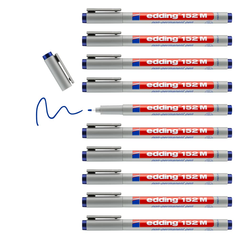 edding 152 M non-permanent pen - blue - 10 pens - round nib 1 mm - pen for writing on glass, plastic, foils and smooth surfaces - quick-drying, can be corrected with water