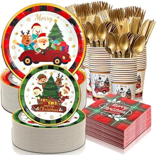 350 PCS Christmas Paper Plates and Napkins Sets, Christmas Tableware Set Includes Disposable Dessert Plates Cups Gold Knives Forks Spoons Disposable Dinnerware Set (50 Guest)