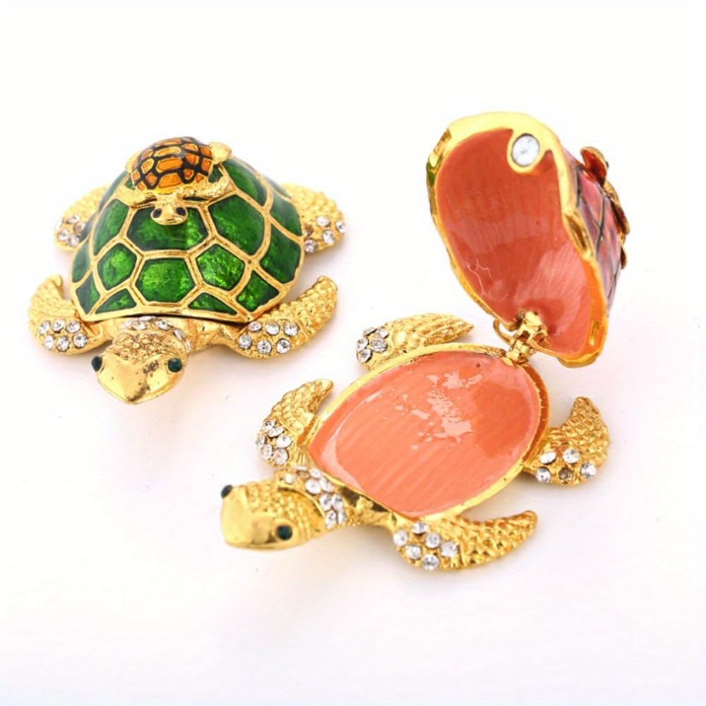 1Pc Crystals Bejeweled Turtle Trinket Box Hinged Enameled Mother-Child Tortoise Animal Figurine Jewelry Ring Holder Box Home Decor (Green)