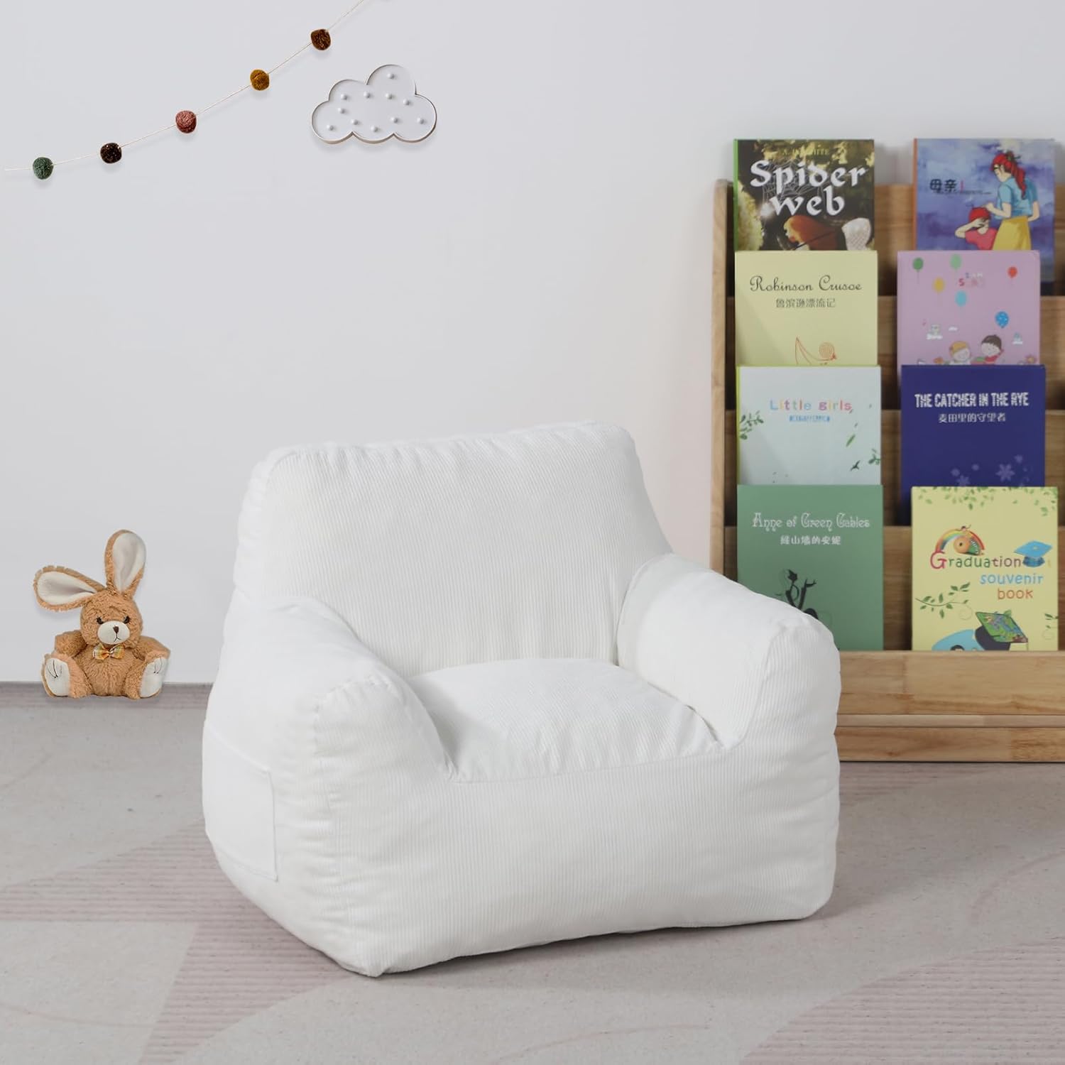 Bean Bag Chair for Kid,Shered Foam Filled Bean Bag Sofa,Toddler Chair with Corduroy Fabric,Kids Chair for 3 Years Kid Playing (White)