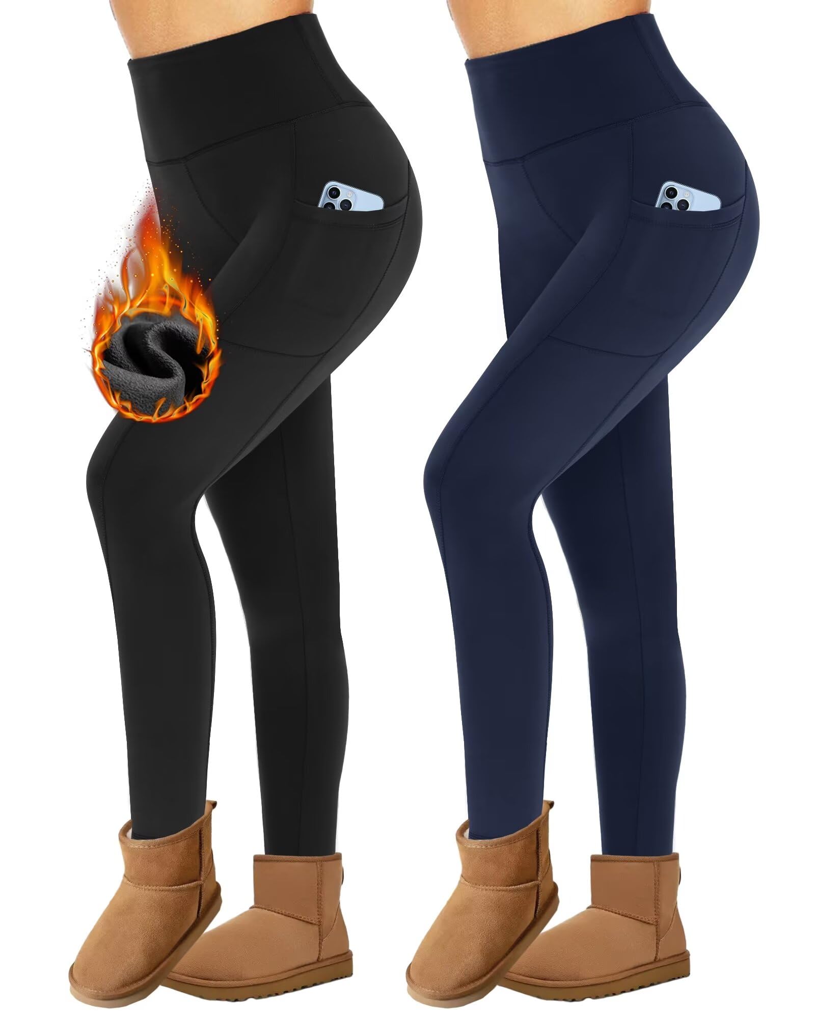Missluck Pack de 2 leggings térmicos para mujer, color negro, con forro térmico, para yoga