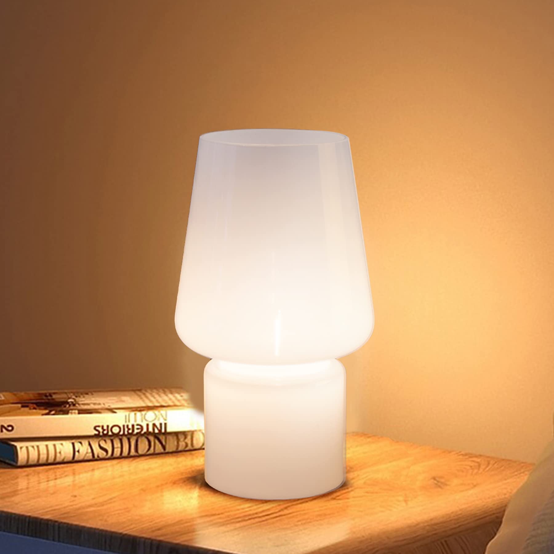 MJ PREMIER Mushroom Lamp Glass, Table Lamp Battery Powered, Battery Lamps for Bedroom, LED Night Lights for Camping/Bathroom/Gifts/Living Room (Solid White)