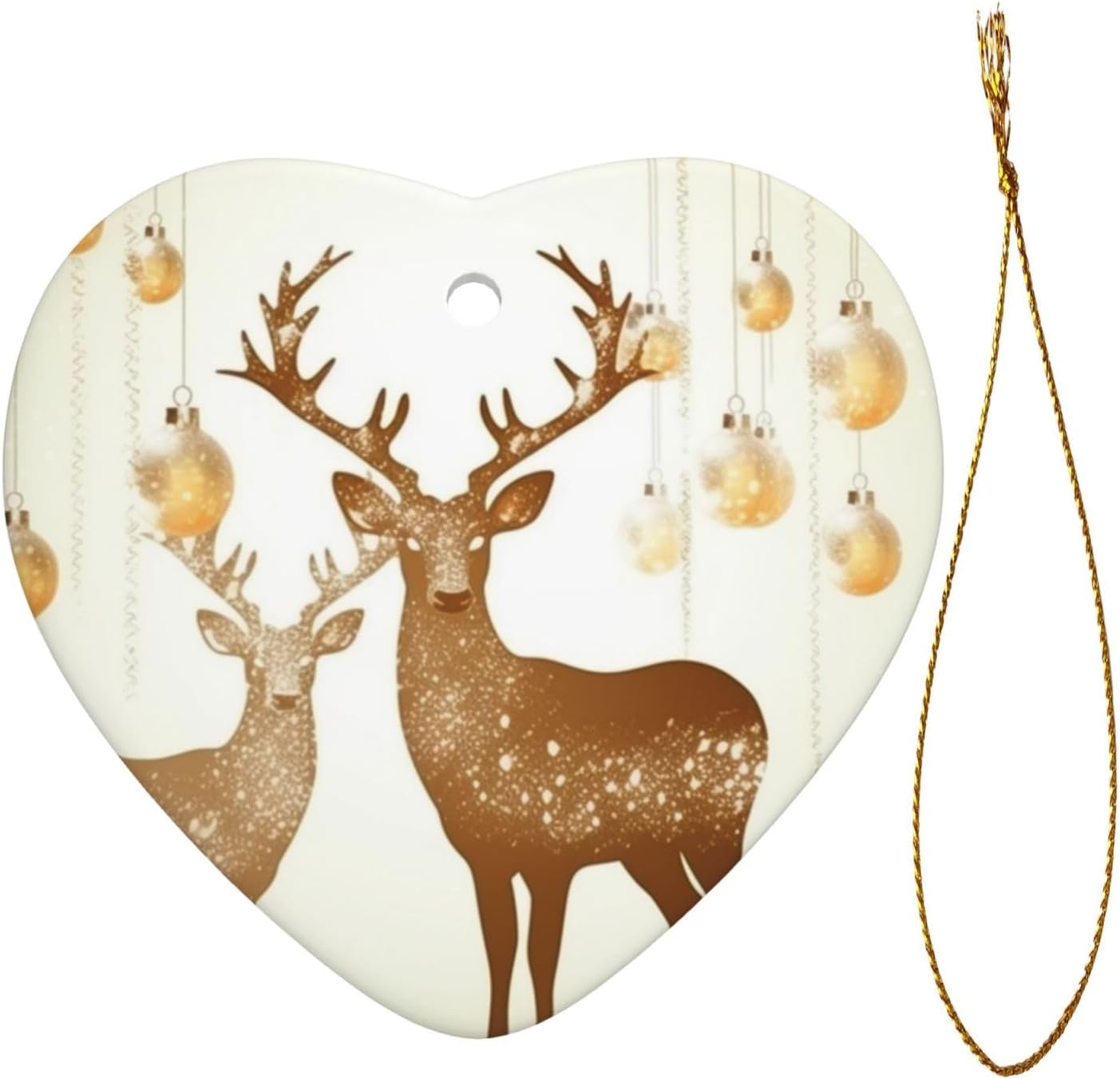 Ceramic Christmas Ornaments Heart Shaped Xmas Hanging Ornament Double-Sided Christmas Decorate and Deer Print Christmas Tree Pendants for Fireplace Party Holiday Wedding Xmas Decoration