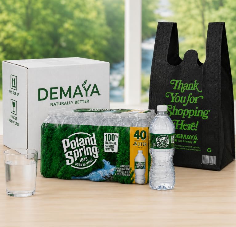 Poland Spring Water, 16.9 Fl Oz., 40 Pack- with DEMAYA Eco-Friendly Reusable Bag and Demaya Box