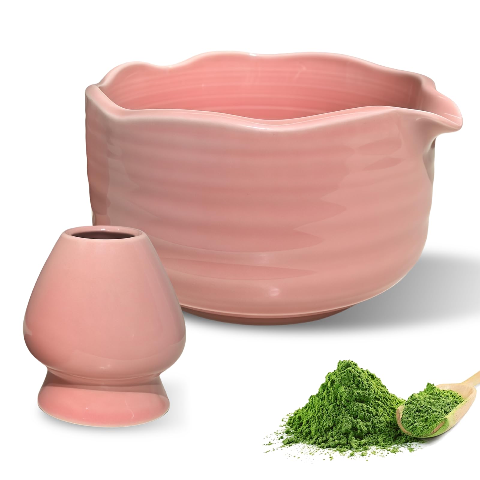 Bol à Matcha Japonais En Céramique Avec Repose-fouet - 2 Parties, Bec Verseur, Blanc - Chawan Traditionnel Pour Cérémonie Du Thé