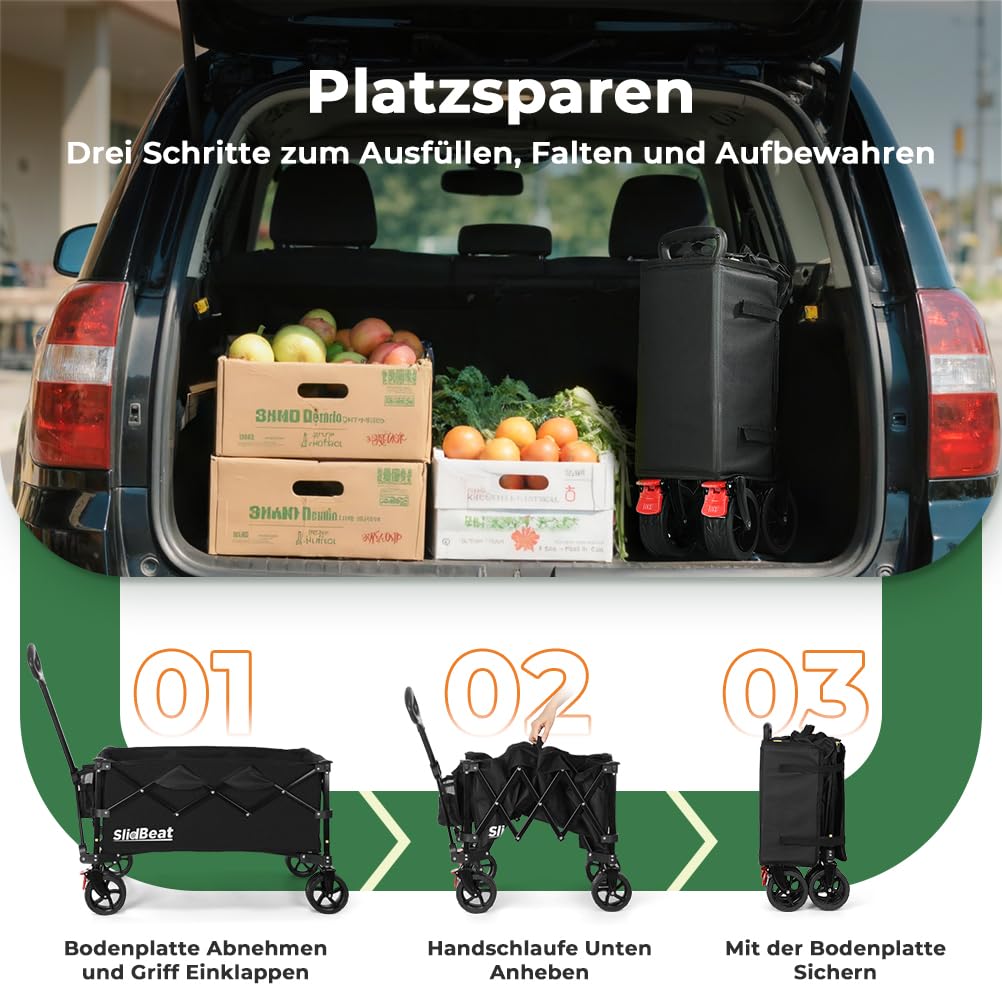 SLIDBEAT Bollerwagen Faltbar mit Bremsen, 150L 150KG Faltbarer Bollerwagen All Terrain Räder, Verstellbarem Griff, Getränkehalter Klappbar Handwagen Für Camping Shopping Garten Strand