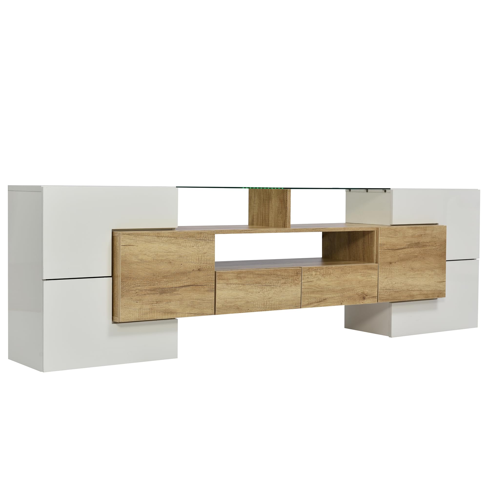 Mueble de TV de 200 cm, Elegante, Armario bajo de Alto Brillo con iluminación LED, Muebles de salón, diseño Moderno, Elegante Superficie de Cristal. (Color Madera, 200 cm)