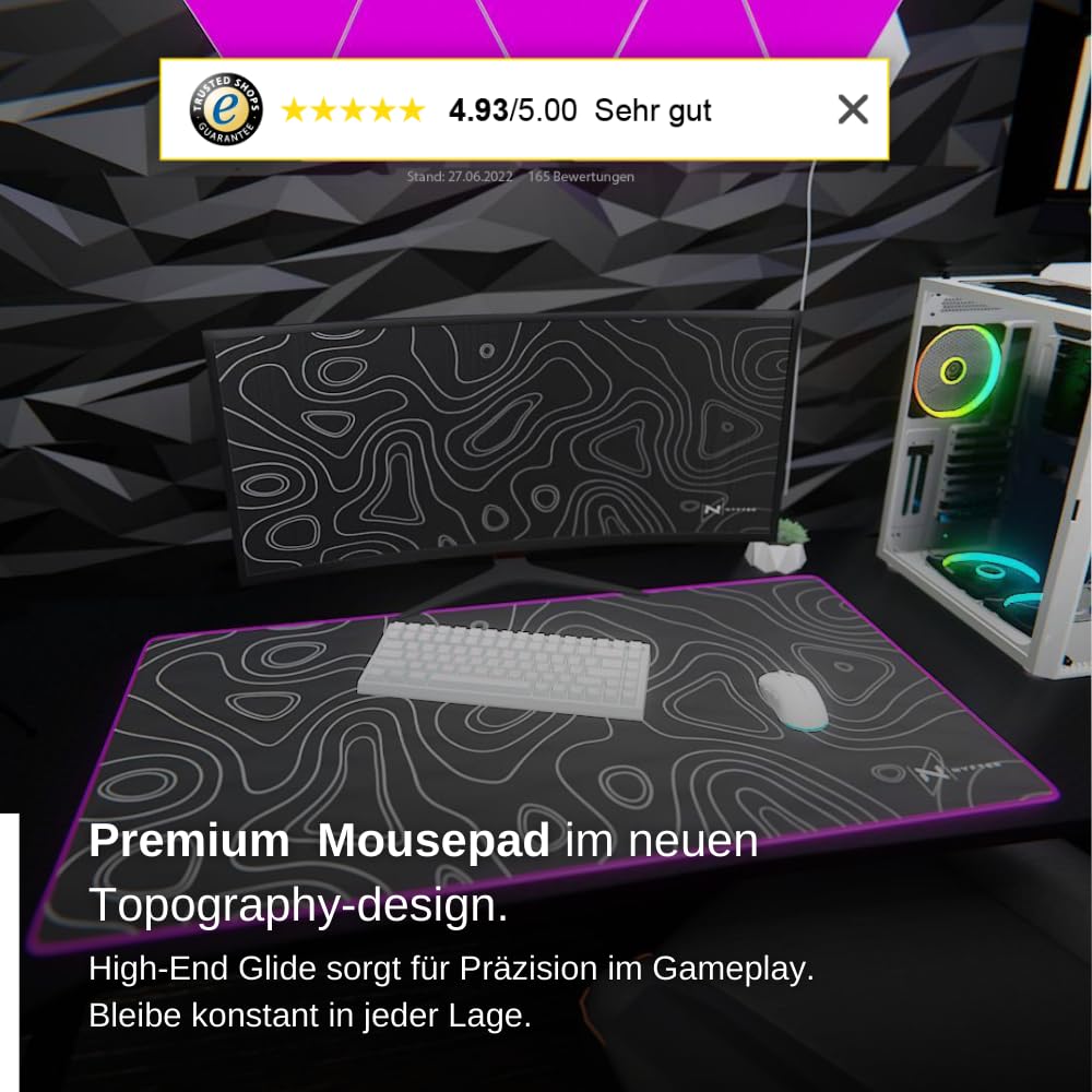 Nyfter - Tappetino per mouse XXL per gaming, RGB, nero, design topografico, 900 x 500 mm, misura grande, bordi cuciti, durevole con Glide di alta qualità e antiscivolo, per gaming