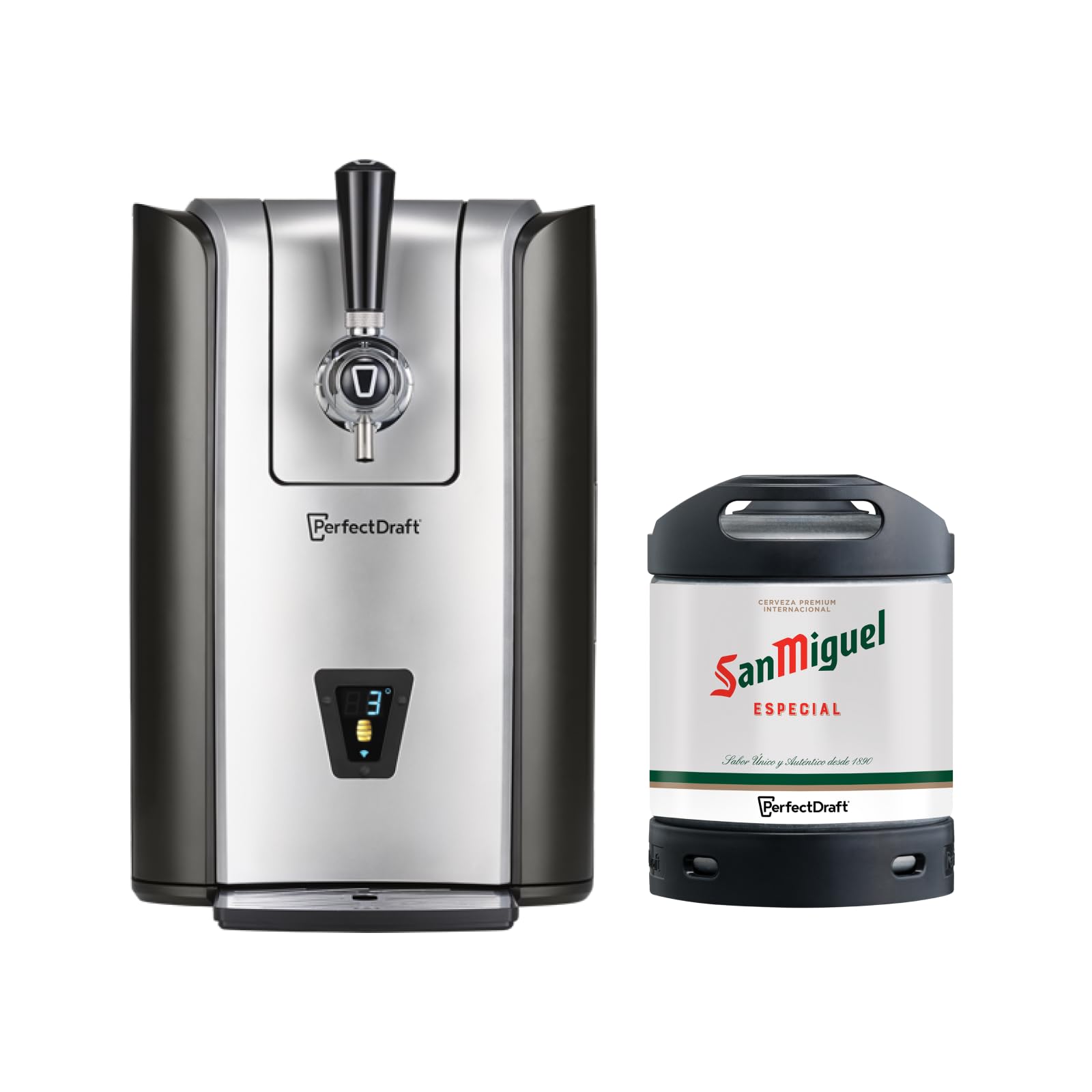 PerfectDraft Pro Home Beer Cooler and Dispenser System and San Miguel Keg