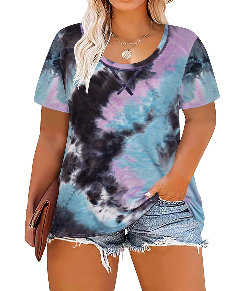 CARCOS Plus Size Tops for Women Short Sleeve Shirt Summer Star/Leopard/Tie Dye/Flower Crewneck Pullover Tunic XL-5XL