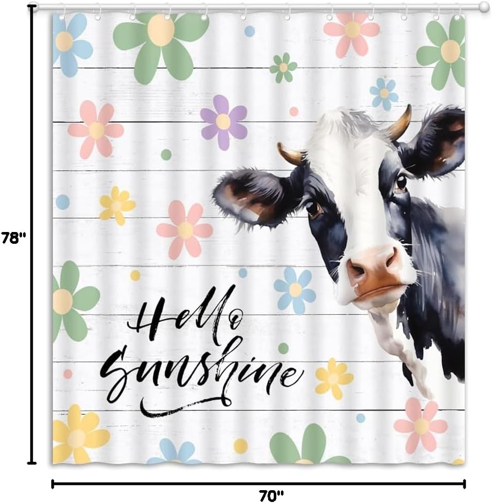 Funny Cow Shower Curtain Spring Summer Hello Sunshine Cattle Rustic Wooden Board Retro Floral Fabric Bathroom Decor Curtains with Hooks