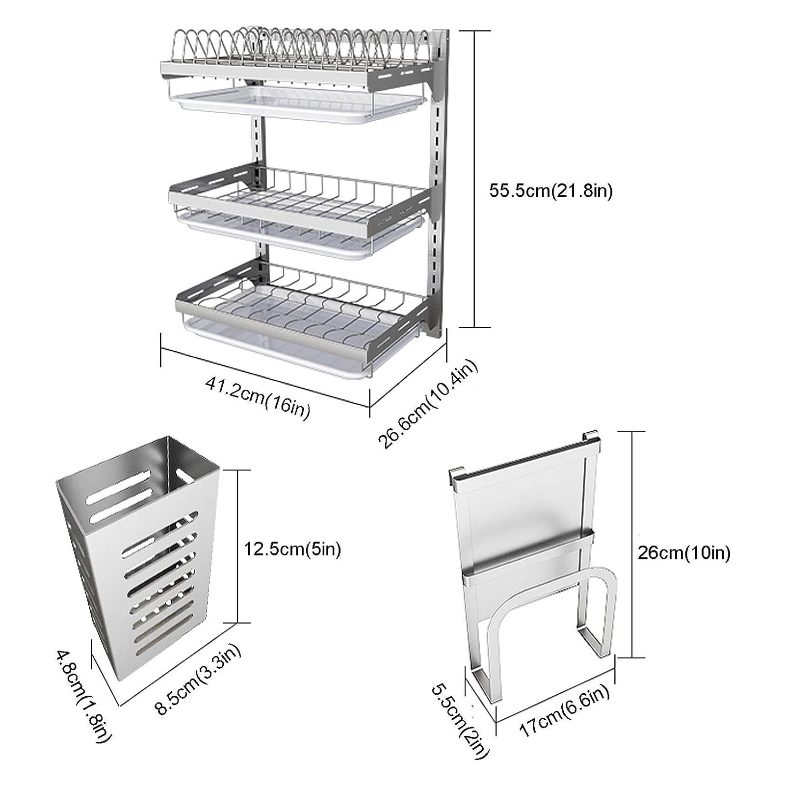 Escurreplatos de acero inoxidable montado en la pared con bandeja de goteo, soporte para cubiertos y ganchos, organizador de cocina que ahorra espacio para platos, cuencos, tazas y frutas
