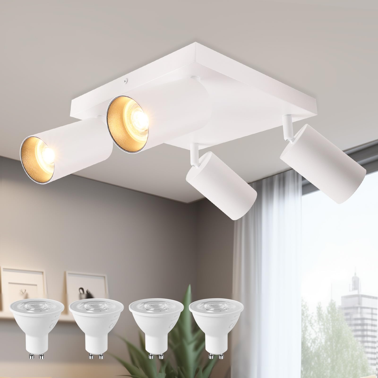 KYOTECH Lampara Techo LED de 1 luz Blanco, Focos Techo Orientable de 350° + 90° de Aluminio GU10 Blanco Cálido 2700K 5W 400LM, Moderna Focos LED Interior Techo Para Cocina Salón (Bombilla Incluida) | Incluye bombillas LED GU10, aluminio moderno foco LED d