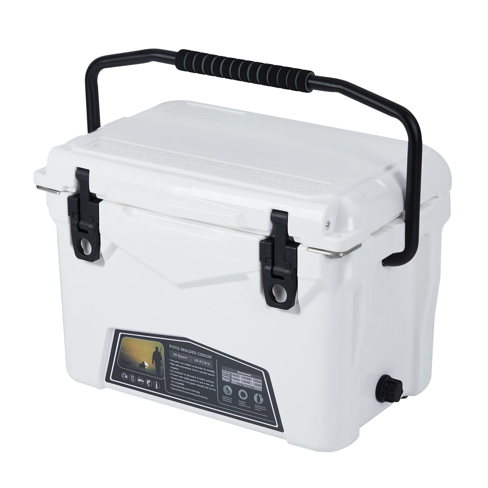 Hartkühlbox 25 QT (ca. 24 L) – bis zu 5 Tage Eishaltung – auslaufsicher, isoliert – Deckel, Ablaufstopfen, Flaschenöffner & Fischmaß – für Camping & Strand – Farbe: Weiß