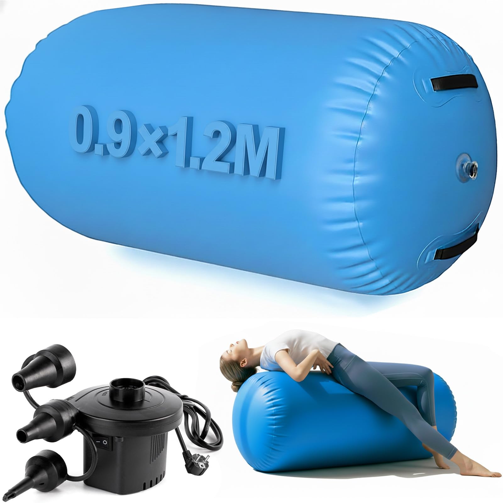 Air Rolle Turnen, Aufblasbare Barrel Gymnastik Rolle mit Pumpe, Gymnastik Yoga Turnmatte für Rückwärtsrolle & Flickflack, Airtrack Matte für Kinder & Erwachsene Indoor/Outdoor Wasserdicht
